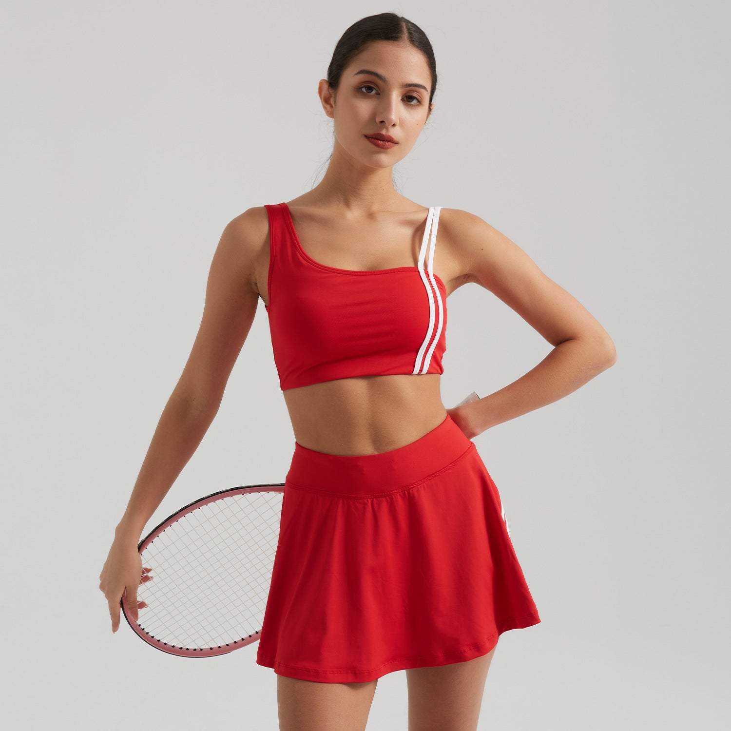 Contrasting Color Thread Yoga Clothes Sports Women Removable Bra Faux Two Piece Anti Exposure Half-Body Tennis Skirt Two Piece Sets