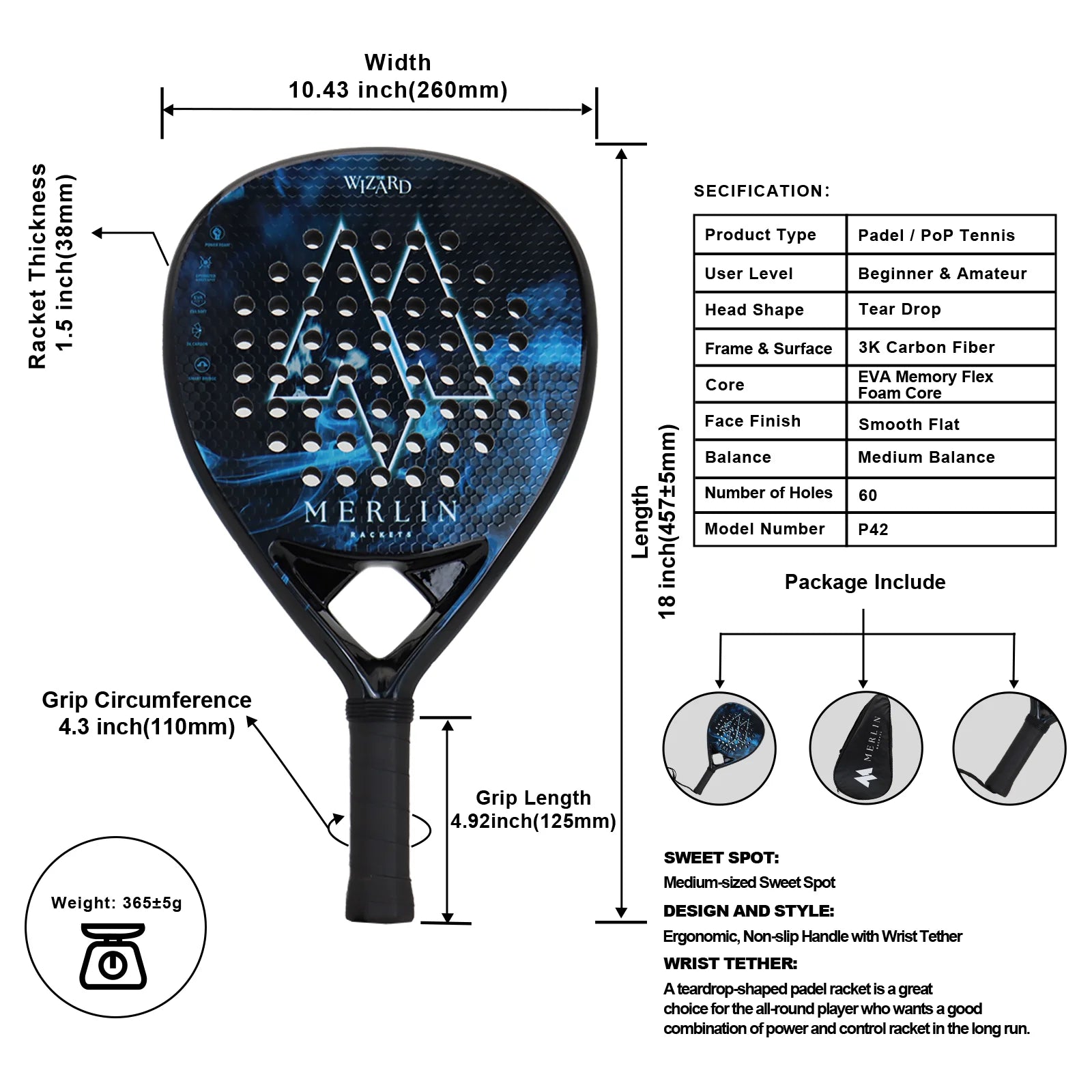 Paddle Racket Carbon Fiber with Cover Bag ，EVA Memory Paddle Tennis Racquet Paddle Shovel Sports Racquet Lightweight
