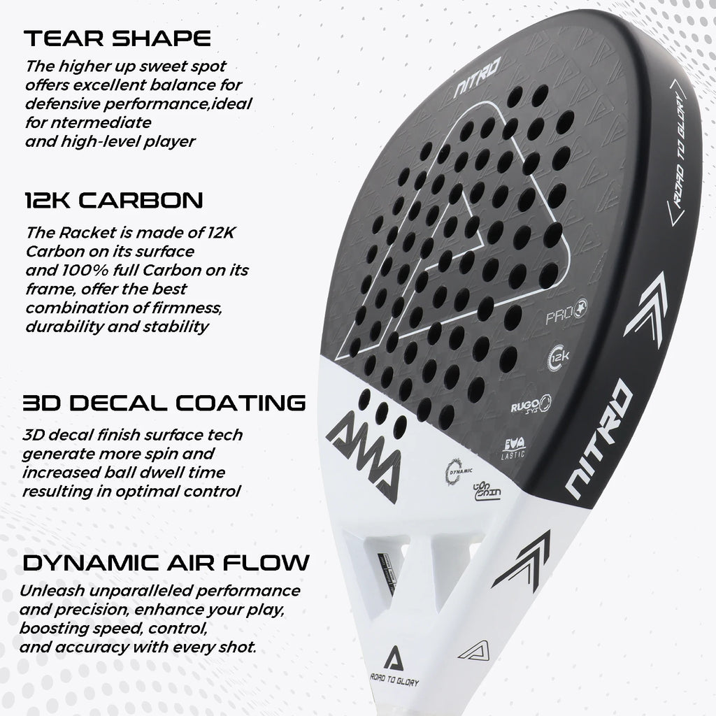AMASport Tennis Paddle Racket Padel 12K Carbon Fiber Surface with EVA Memory Flex Foam Core-Even Balance Point-Power and Control