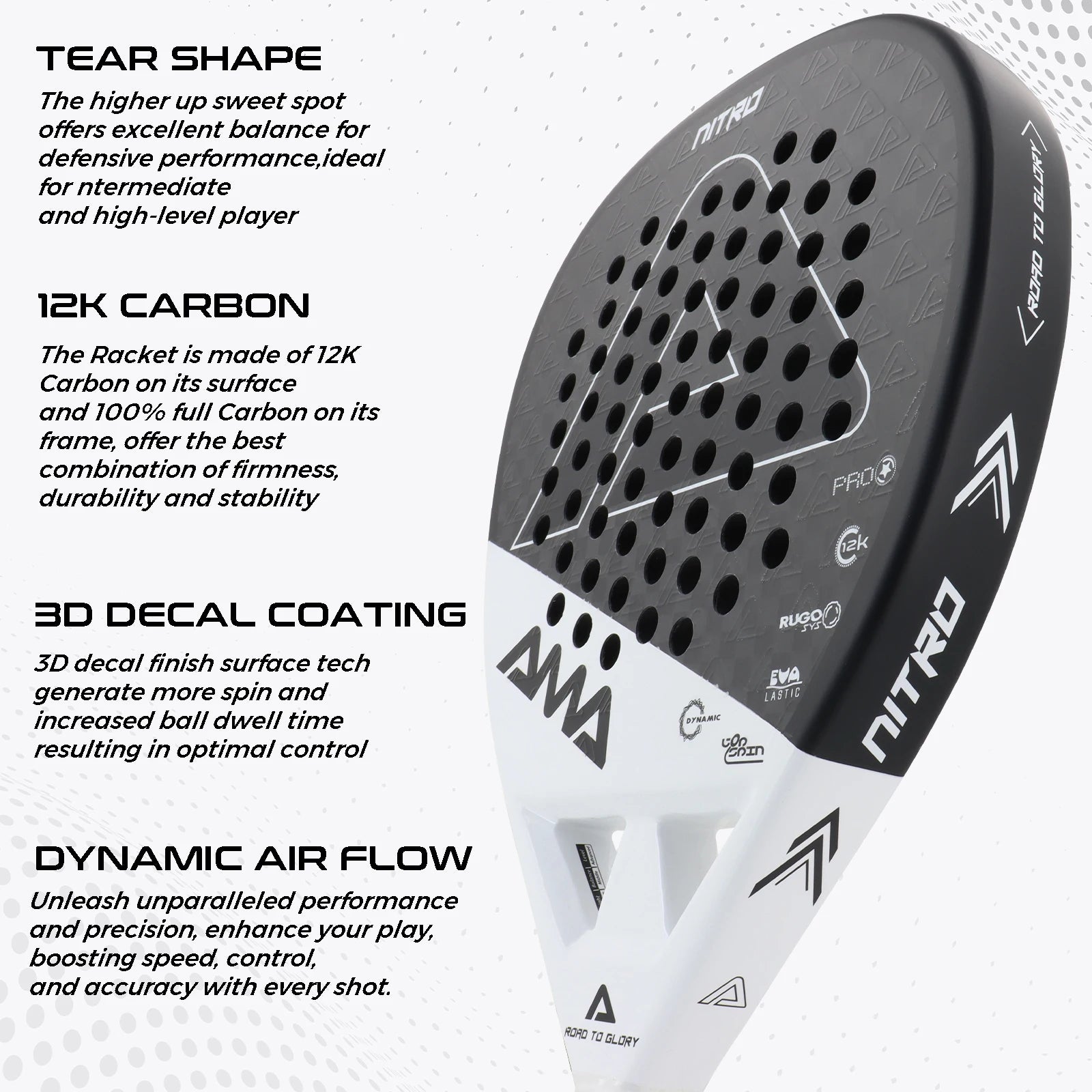 AMASport Tennis Paddle Racket Padel 12K Carbon Fiber Surface with EVA Memory Flex Foam Core-Even Balance Point-Power and Control