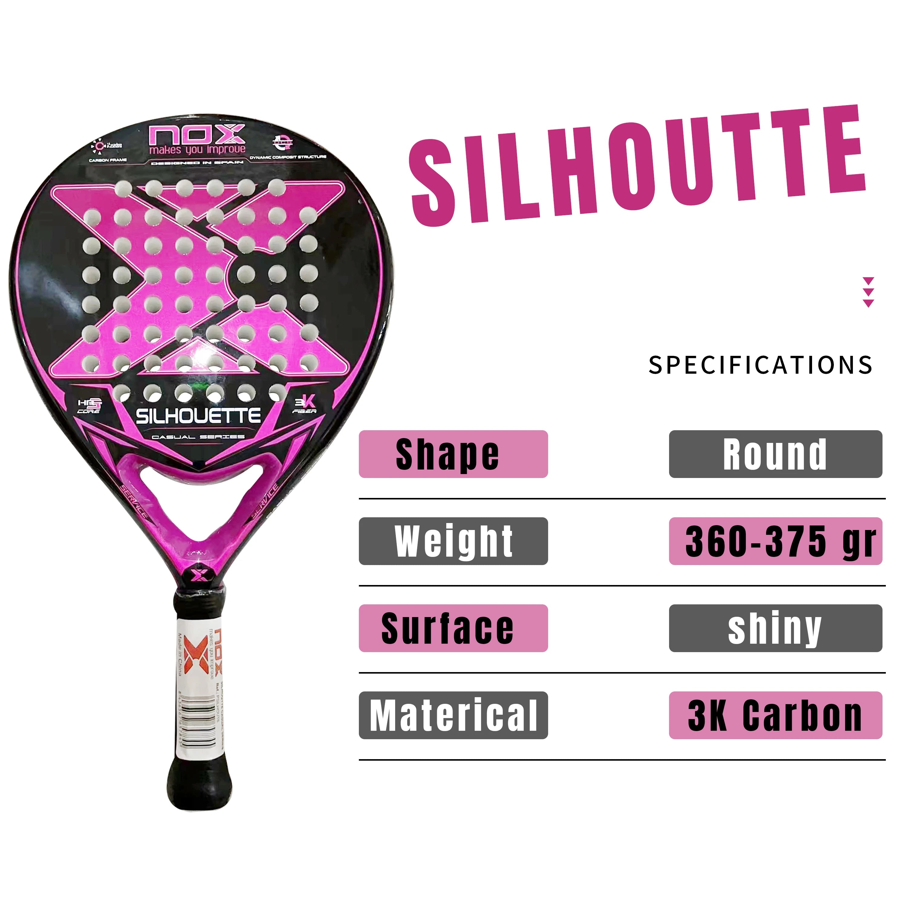 X-ONE-Carbon Fiber Paddle Raquete de tênis, núcleo redondo forma para iniciantes, raquete sem capa saco, 3K 12K 18K