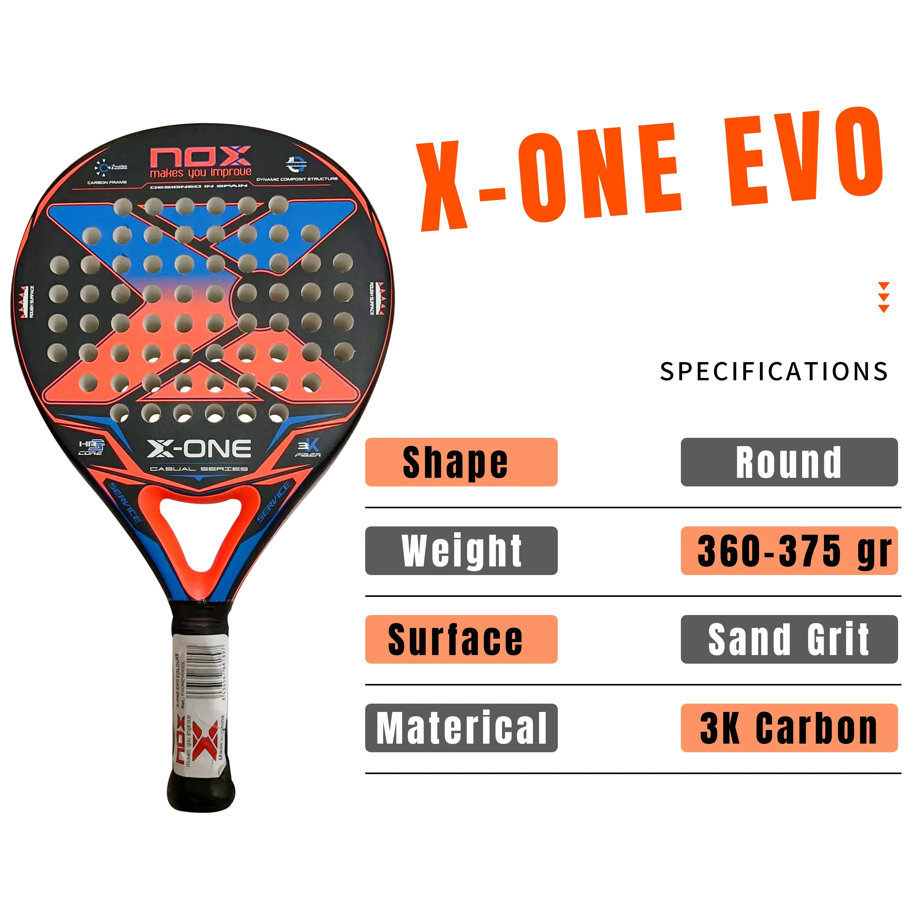 X-ONE-Carbon Fiber Paddle Raquete de tênis, núcleo redondo forma para iniciantes, raquete sem capa saco, 3K 12K 18K