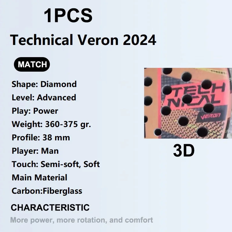 Padel Tennis Racket, 3K Carbon Fiber, Eva Soft Memory Shape, Rough Surface, High Balance Padel Paddle without Bag