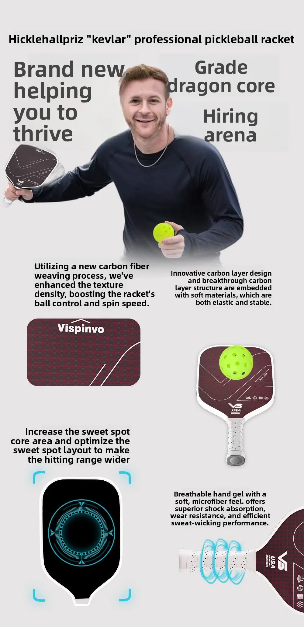 Vispinvo Kevlar Pickleball Racket Blade, Full Set, Tournament-level, High Elasticity, Lightweight, with Carbon Fiber