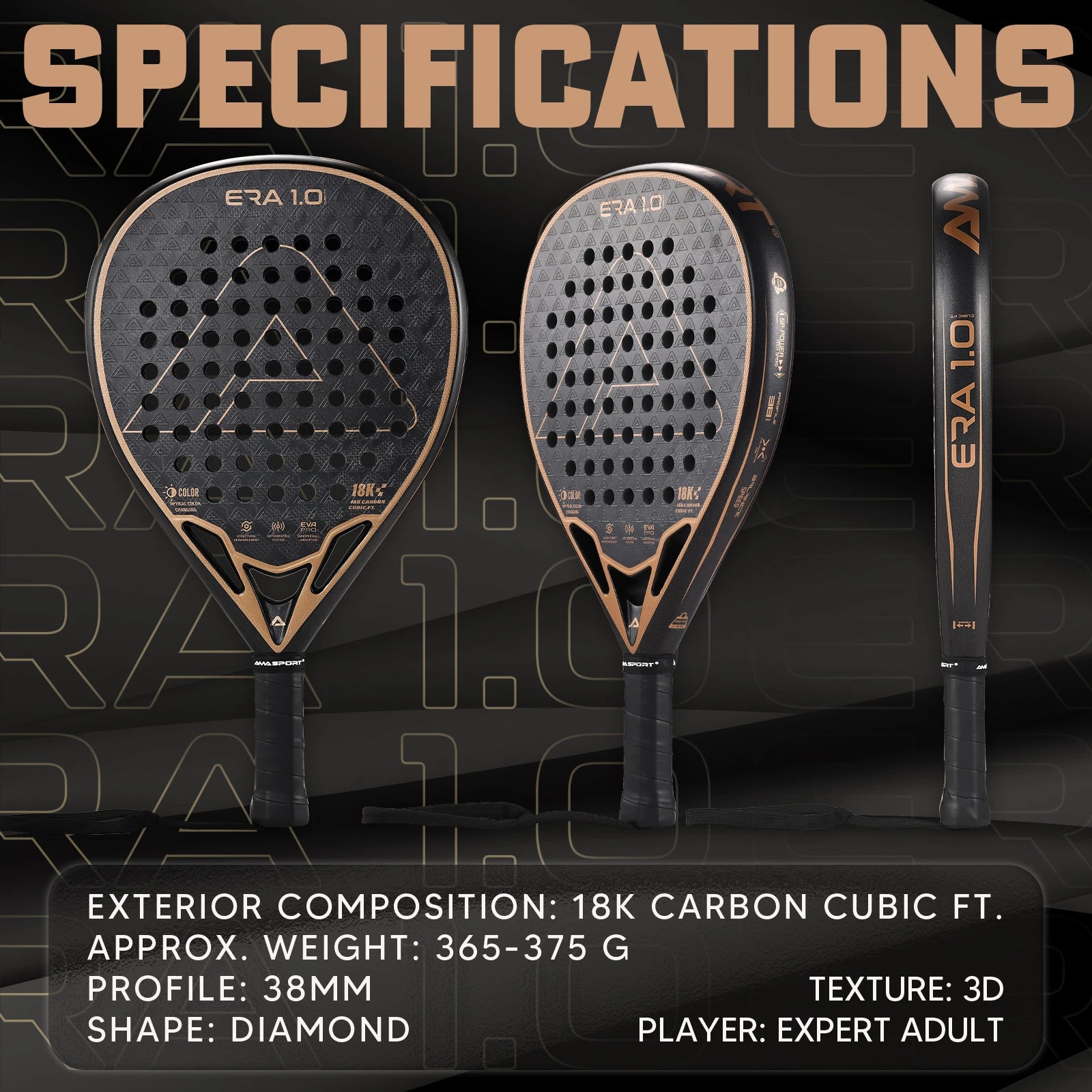 AMASPORT 18K Carbon Cubic Padel Racket Diamond Shape with 3D-Textured Surface Smarter System for Enhanced Control Padel Racquet