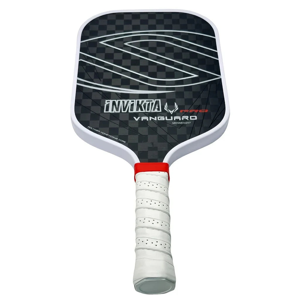 12K pickleball paddle with a 16mm polymer honeycomb core, designed for enhanced spin and power; black with white accents, includ