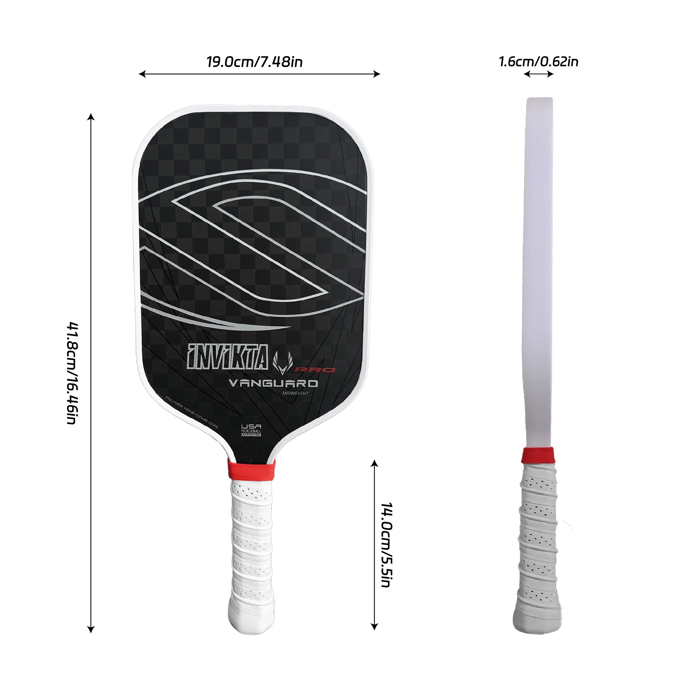 12K pickleball paddle with a 16mm polymer honeycomb core, designed for enhanced spin and power; black with white accents, includ