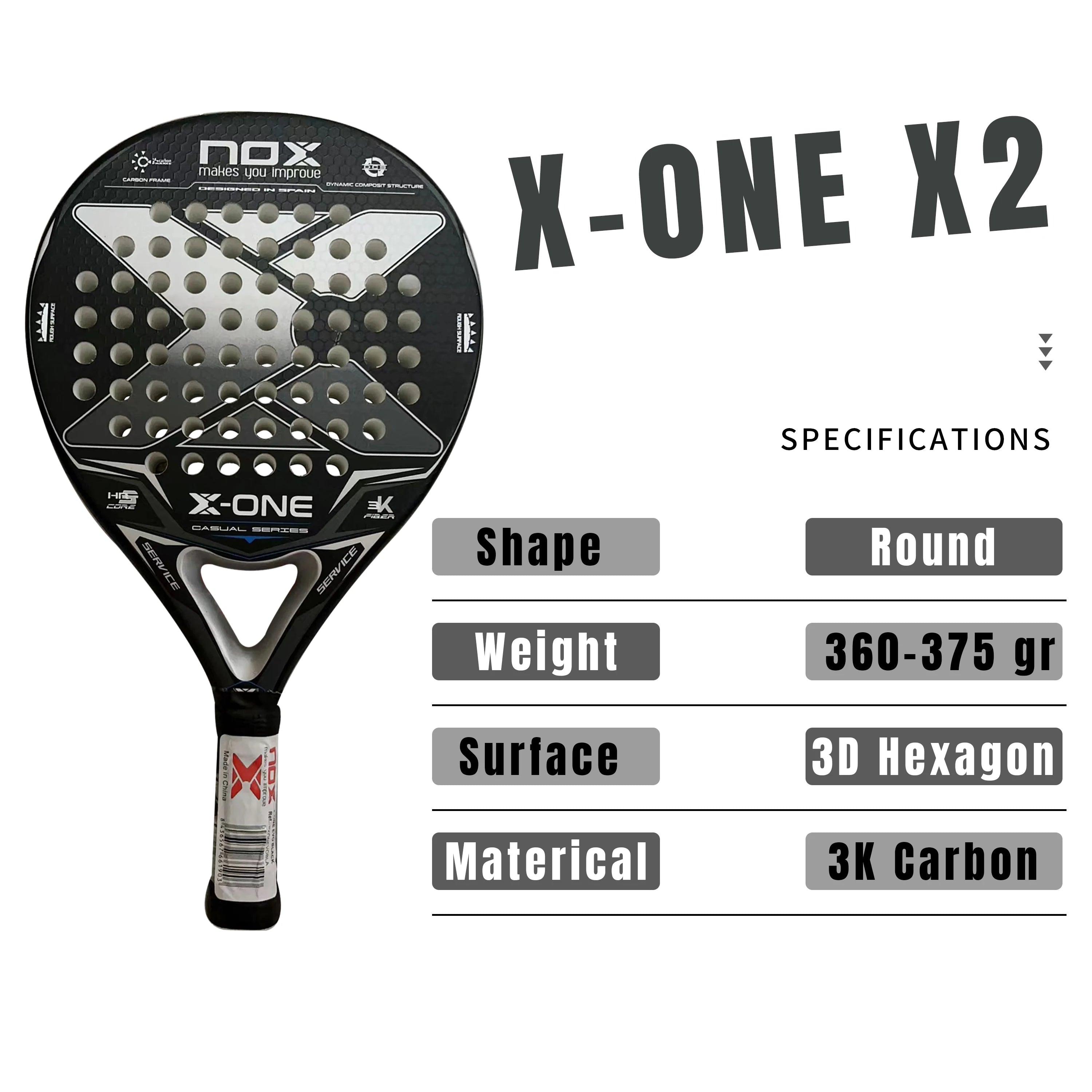 X-ONE-Carbon Fiber Paddle Raquete de tênis, núcleo redondo forma para iniciantes, raquete sem capa saco, 3K 12K 18K