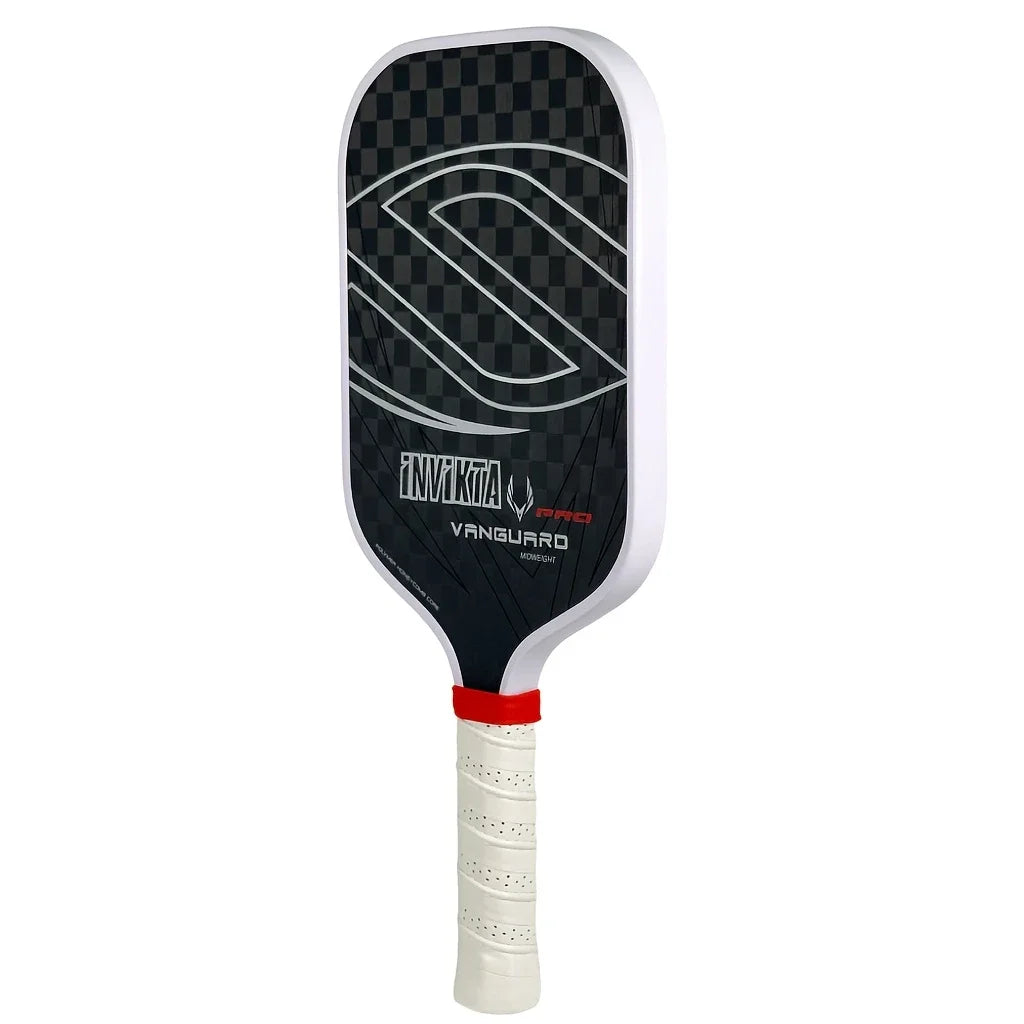12K pickleball paddle with a 16mm polymer honeycomb core, designed for enhanced spin and power; black with white accents, includ