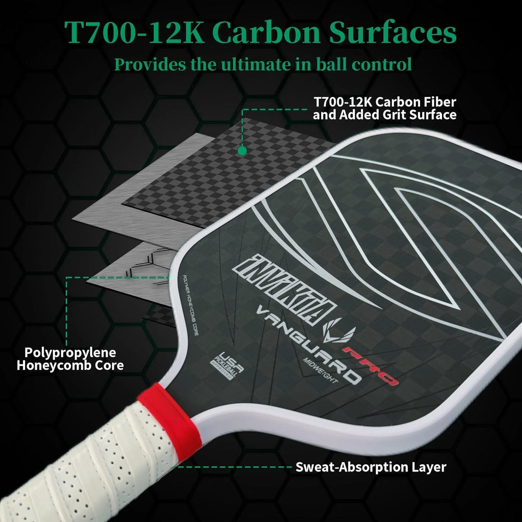 12K pickleball paddle with a 16mm polymer honeycomb core, designed for enhanced spin and power; black with white accents, includ