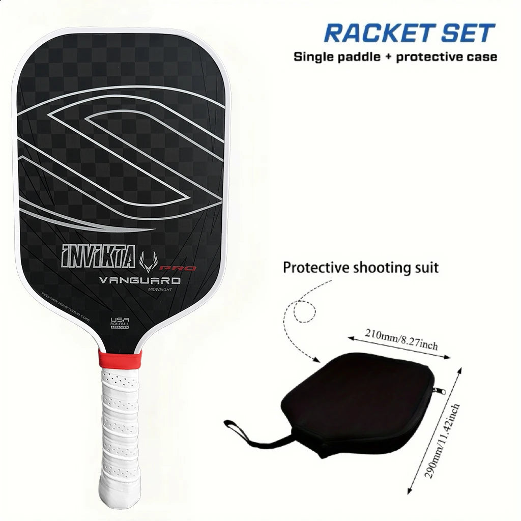 12K pickleball paddle with a 16mm polymer honeycomb core, designed for enhanced spin and power; black with white accents, includ