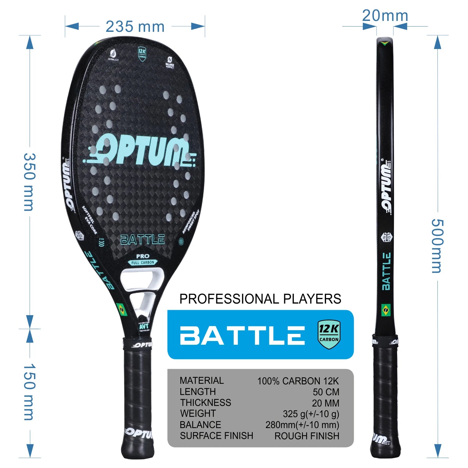 OPTUM BATTLE 12K Carbon Fiber Rough Surface Beach Tennis Racket With Cover Bag