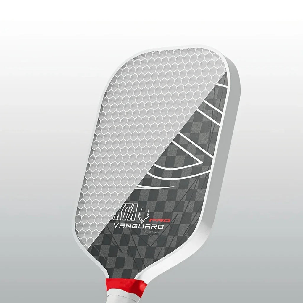 12K pickleball paddle with a 16mm polymer honeycomb core, designed for enhanced spin and power; black with white accents, includ