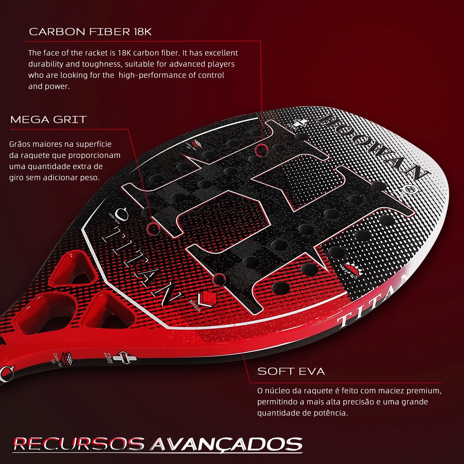 HOOWAN TITAN 18K Beach Tennis Racket Professional T700 Carbon Fiber 18K Rough Surface 22MM Profil Well Balance