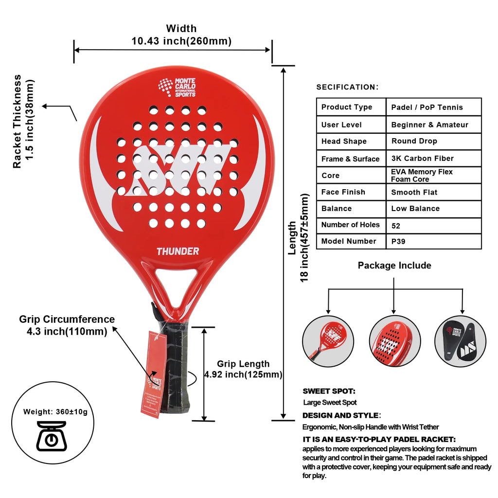 Paddle Racket Carbon Fiber with Cover Bag ，EVA Memory Paddle Tennis Racquet Paddle Shovel Sports Racquet Lightweight