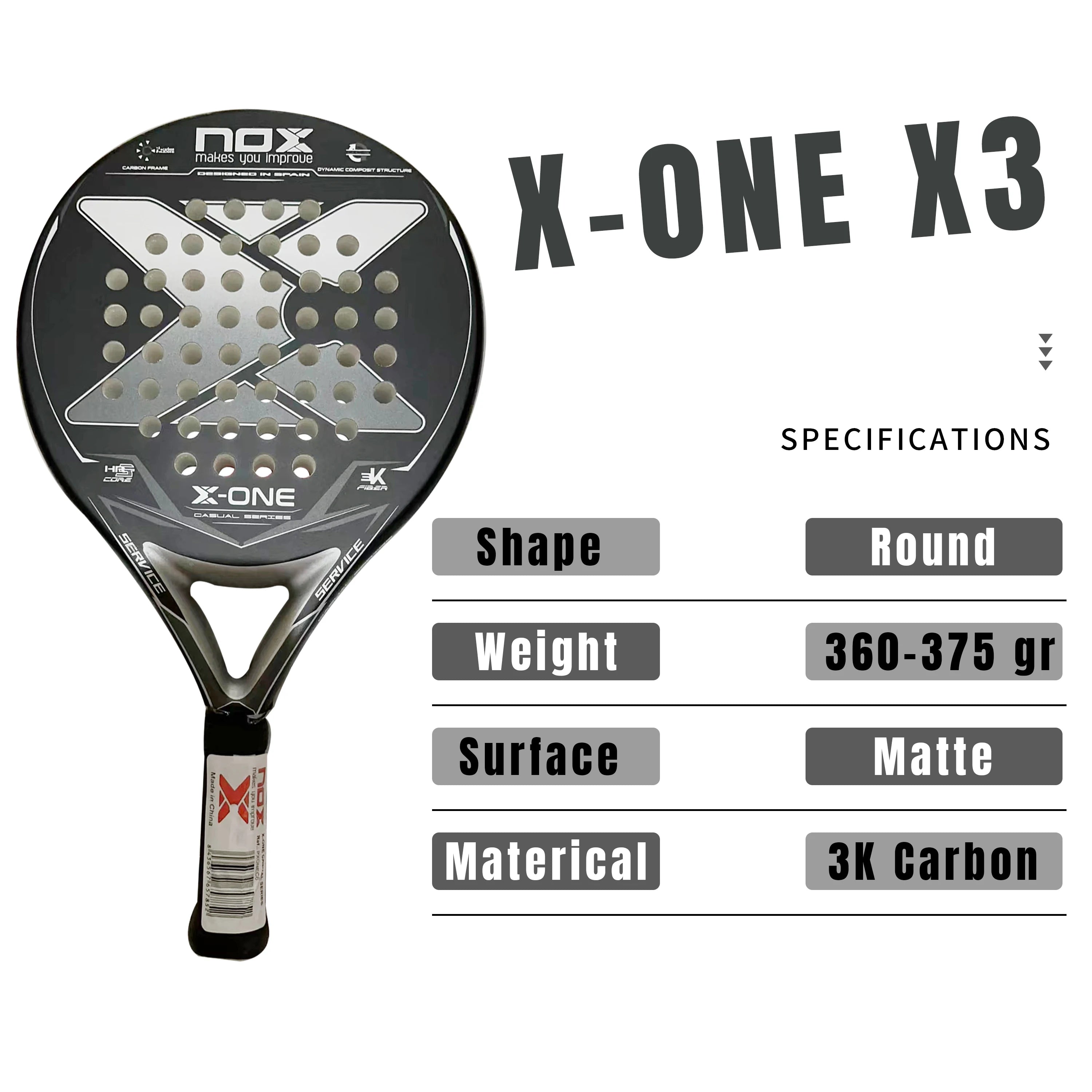 X-ONE-Carbon Fiber Paddle Raquete de tênis, núcleo redondo forma para iniciantes, raquete sem capa saco, 3K 12K 18K
