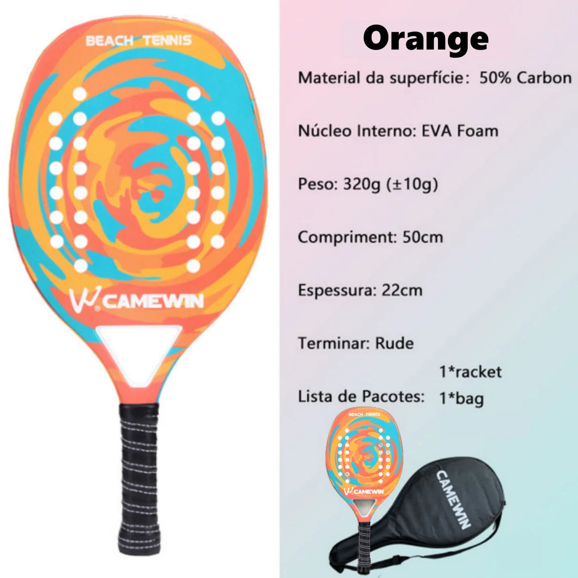 Beach Tennis Racket Camewin Padel Paddle 50% Carbon Fiber EVA Core Tennis Racket Lightweight With Protective Bag Cover Soft Face