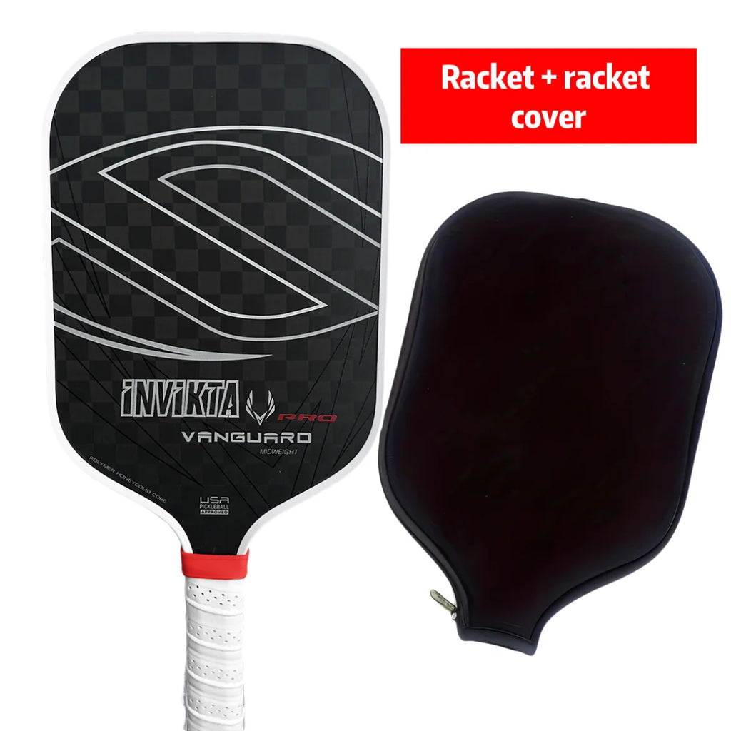 12K pickleball paddle with a 16mm polymer honeycomb core, designed for enhanced spin and power; black with white accents, includ