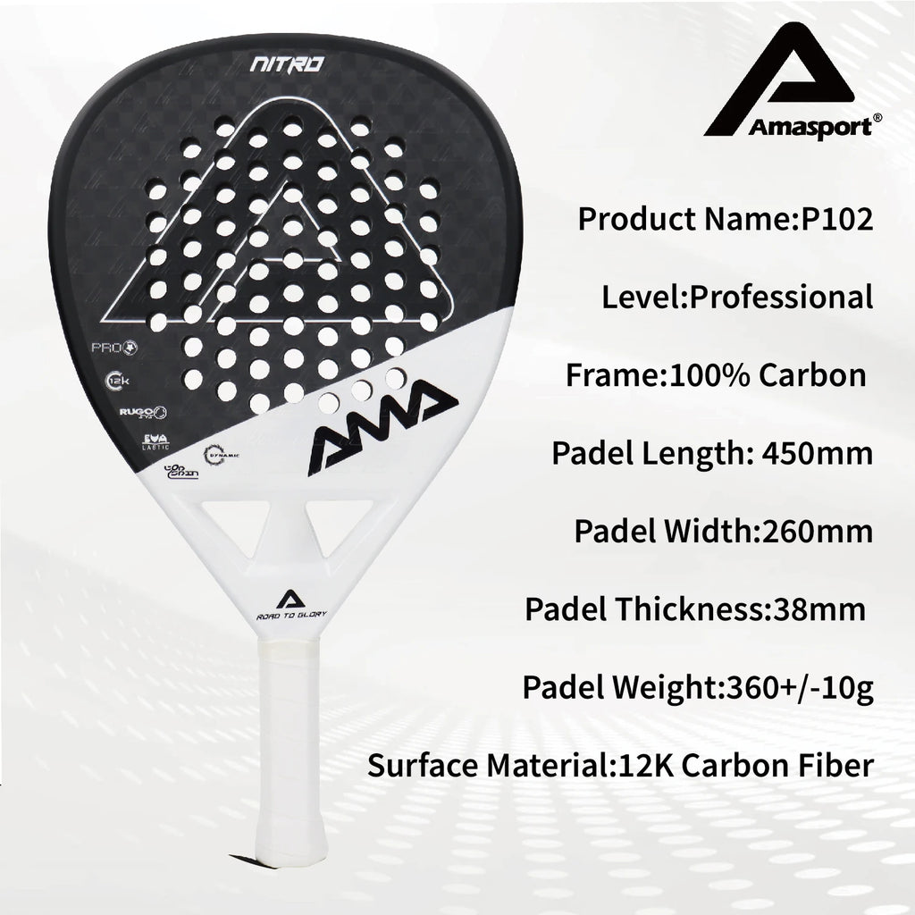 AMASport Tennis Paddle Racket Padel 12K Carbon Fiber Surface with EVA Memory Flex Foam Core-Even Balance Point-Power and Control