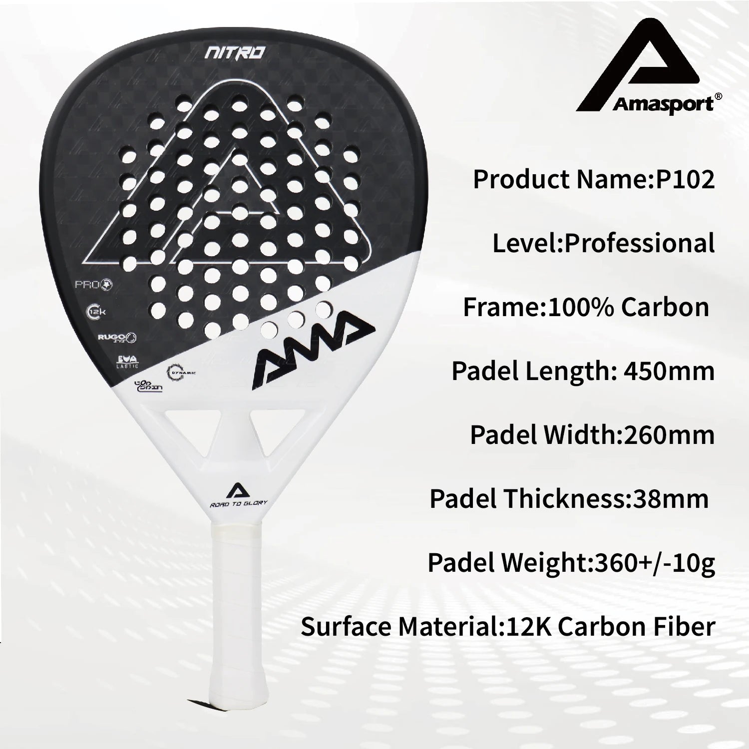 AMASport Tennis Paddle Racket Padel 12K Carbon Fiber Surface with EVA Memory Flex Foam Core-Even Balance Point-Power and Control